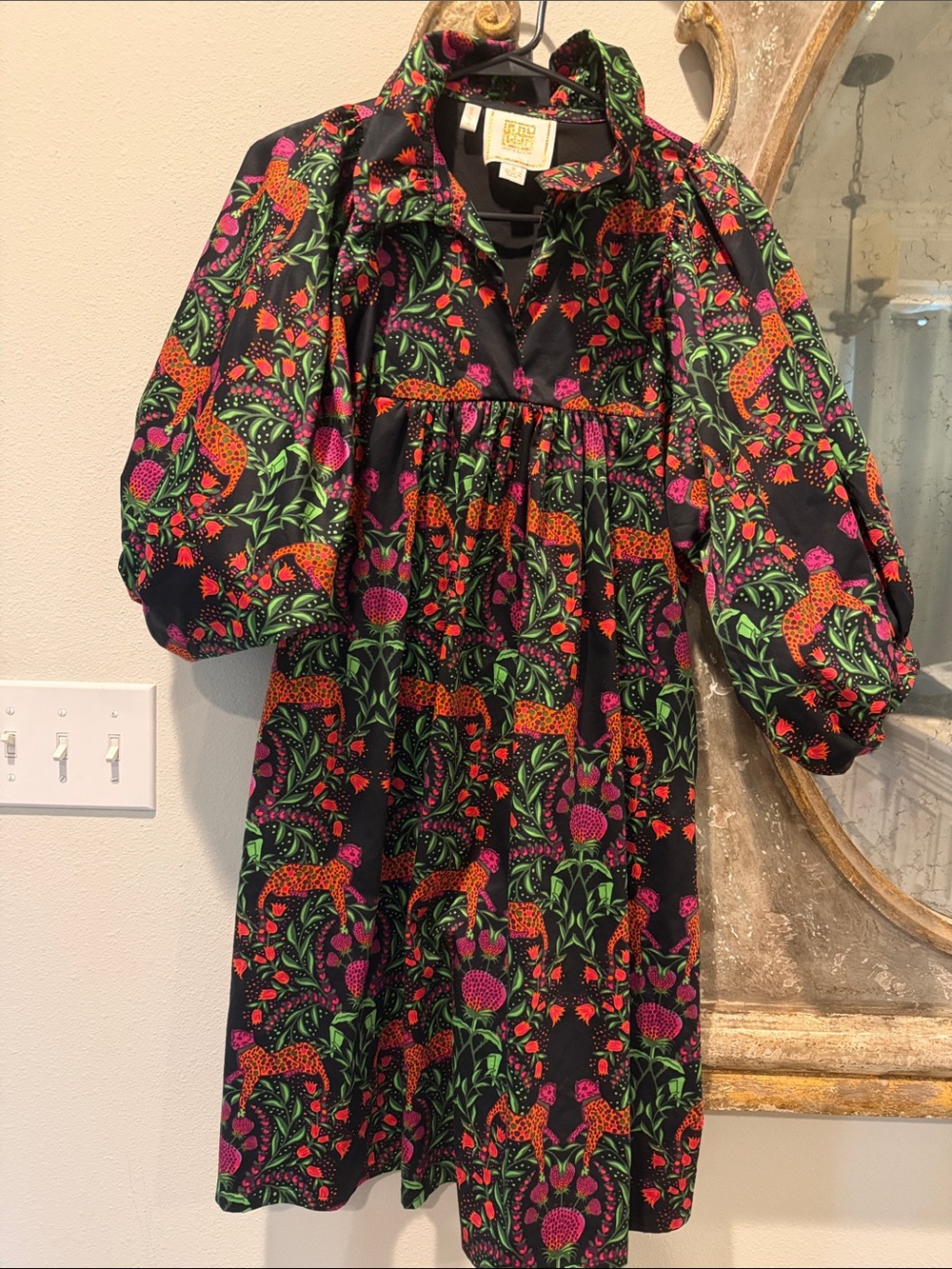 Emily Mcarthy Stella Black Puff Sleeve Dress with Bright Floral & Leopard Print